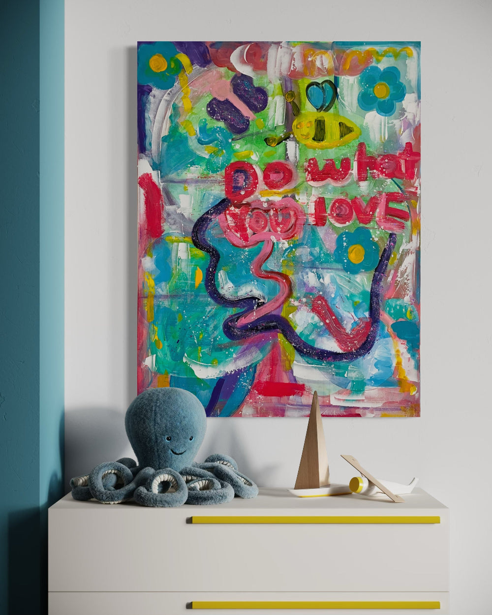 Vibrant kids’ art with bee and butterfly motifs