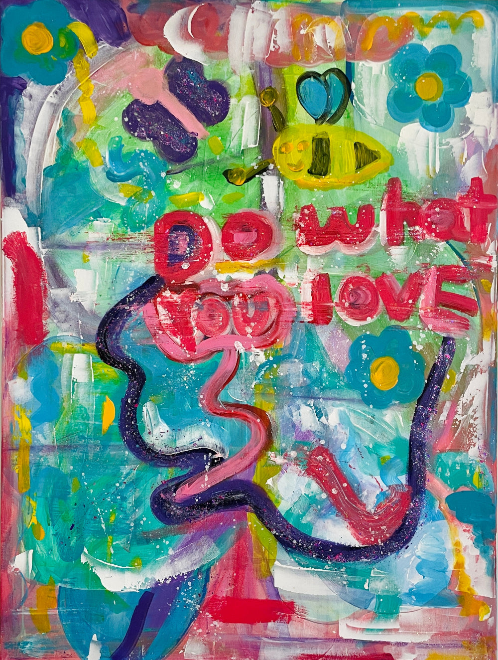 Whimsical acrylic artwork with playful brushstrokes and bright tones