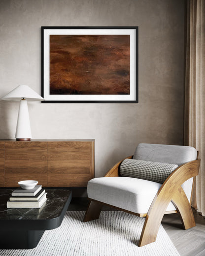 Editorial-style wall display of After the Fire painting adding warmth to a modern minimalist room.