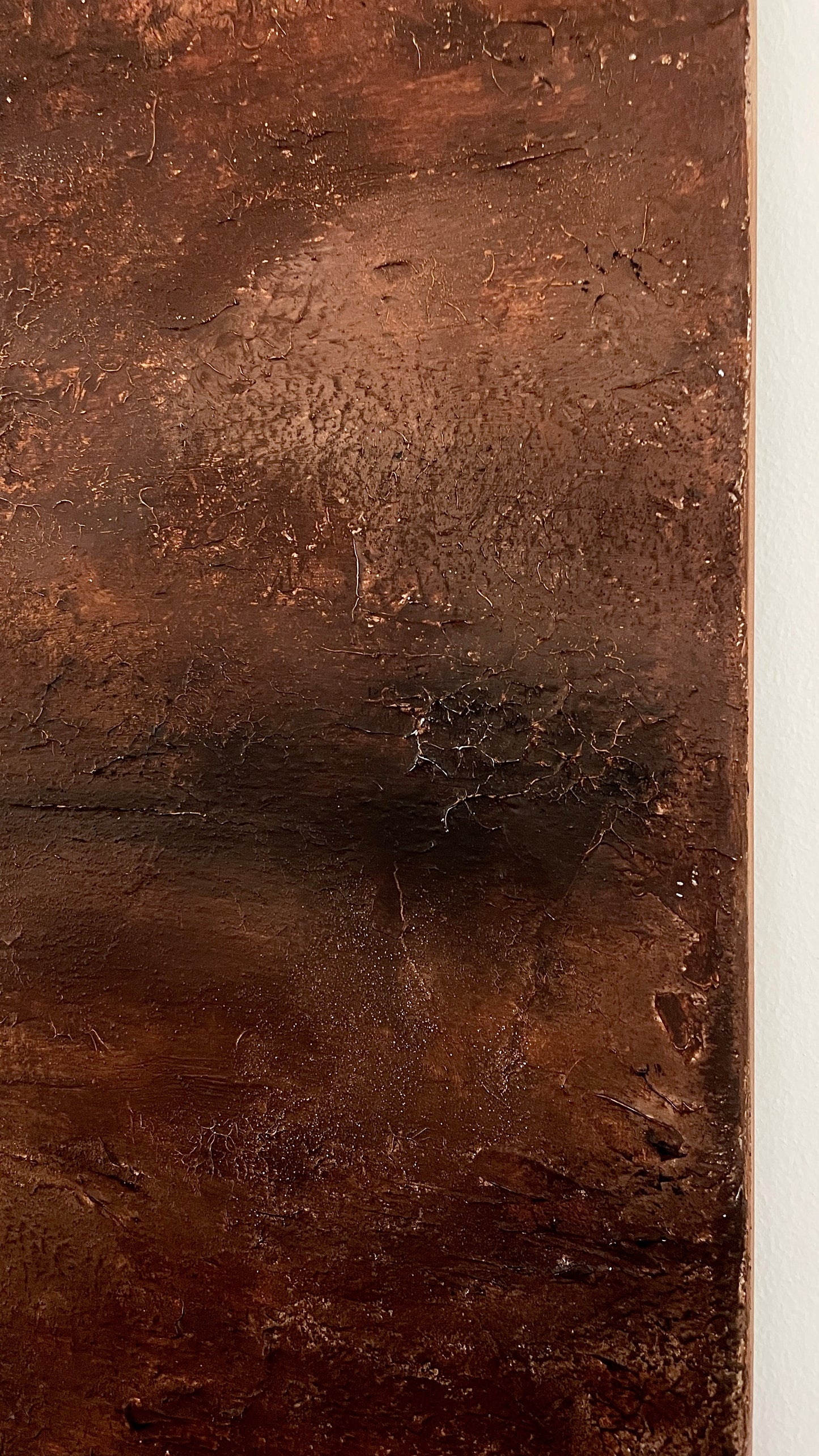 Detailed close-up of the thick, layered texture and earthy tones in After the Fire abstract painting