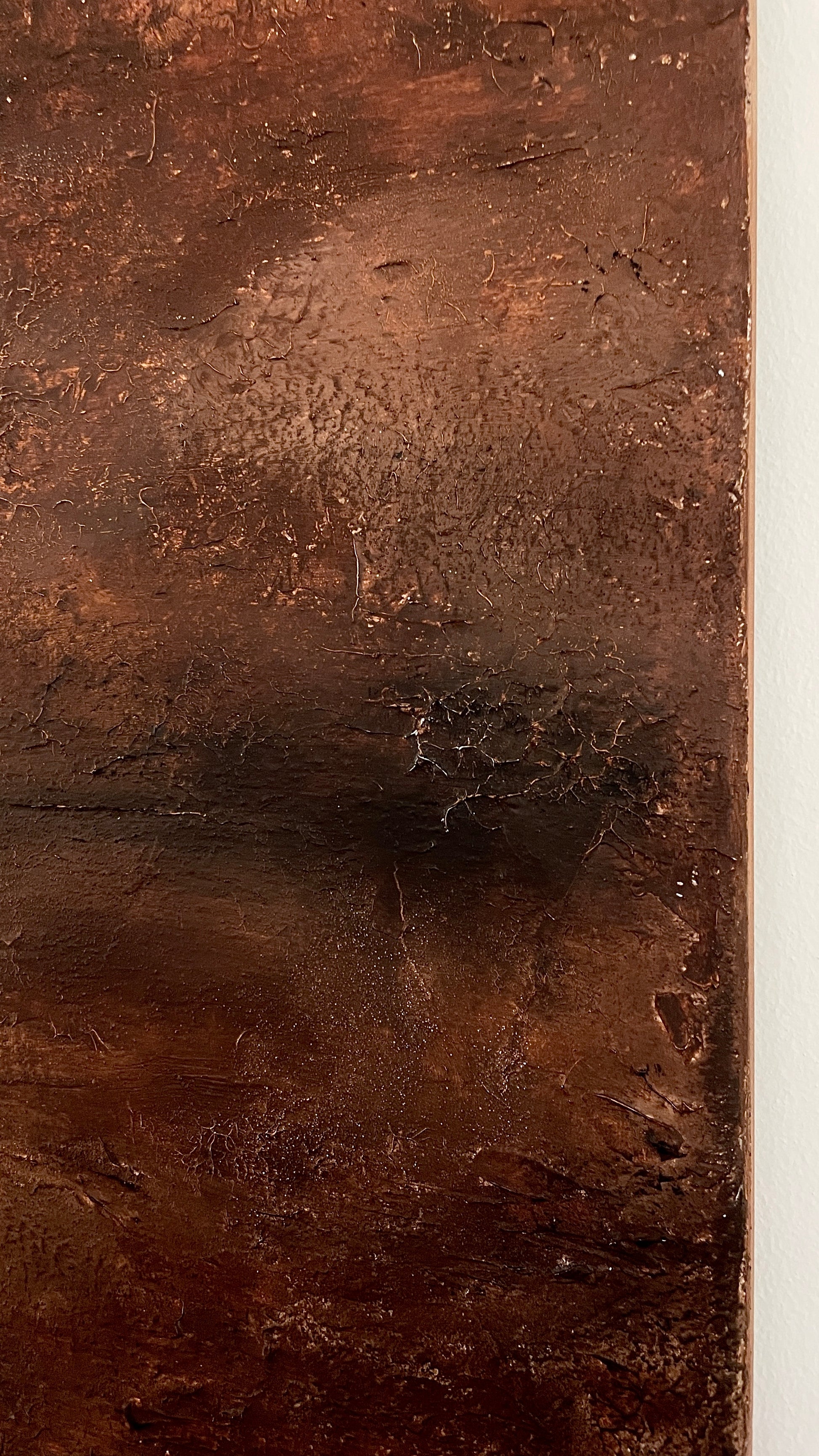 Detailed close-up of the thick, layered texture and earthy tones in After the Fire abstract painting