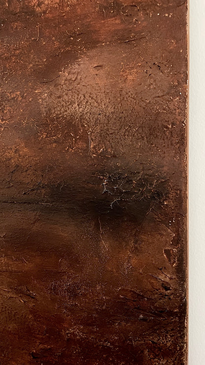 Detailed close-up of the thick, layered texture and earthy tones in After the Fire abstract painting