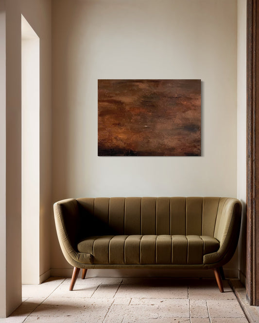 Editorial-style wall display of After the Fire painting adding warmth to a modern minimalist room.