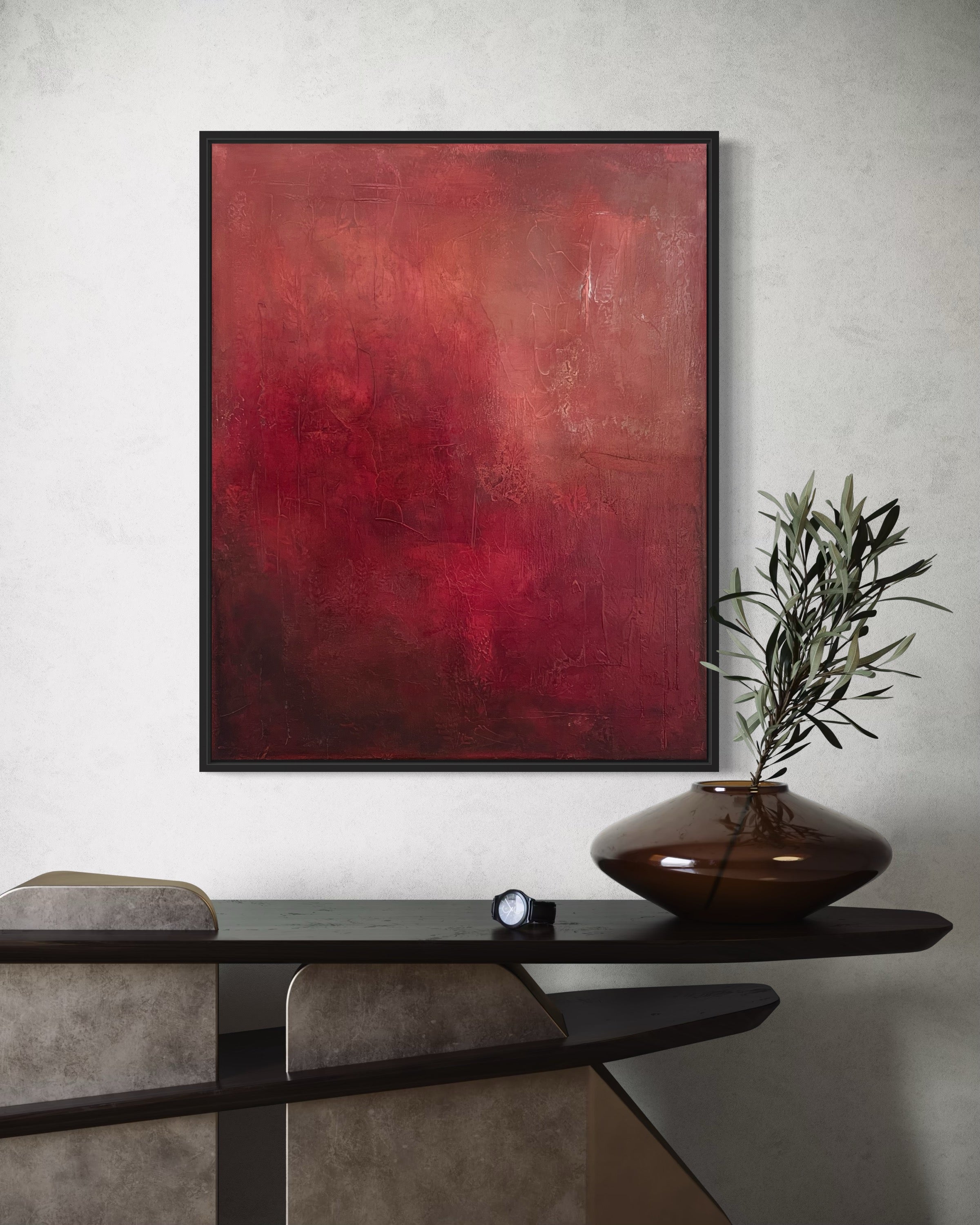Abstract textured acrylic painting in deep crimson red with layered matte finish, titled ‘Eclipsed.’ Modern, bold, and emotive artwork on canvas.