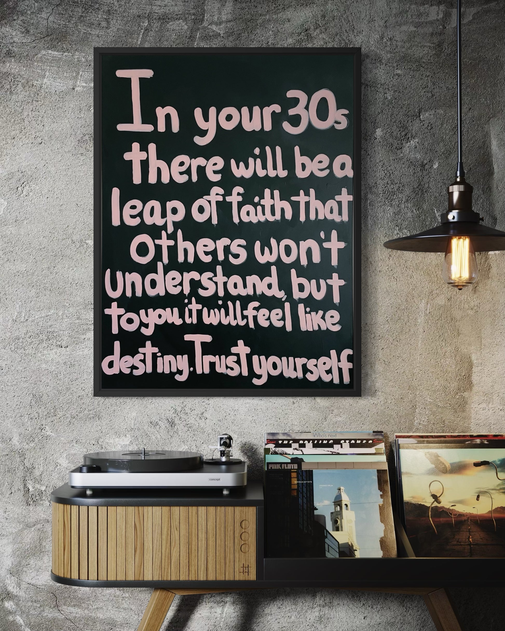 In Your 30s Volume 1 acrylic painting with pink typography on deep green background.