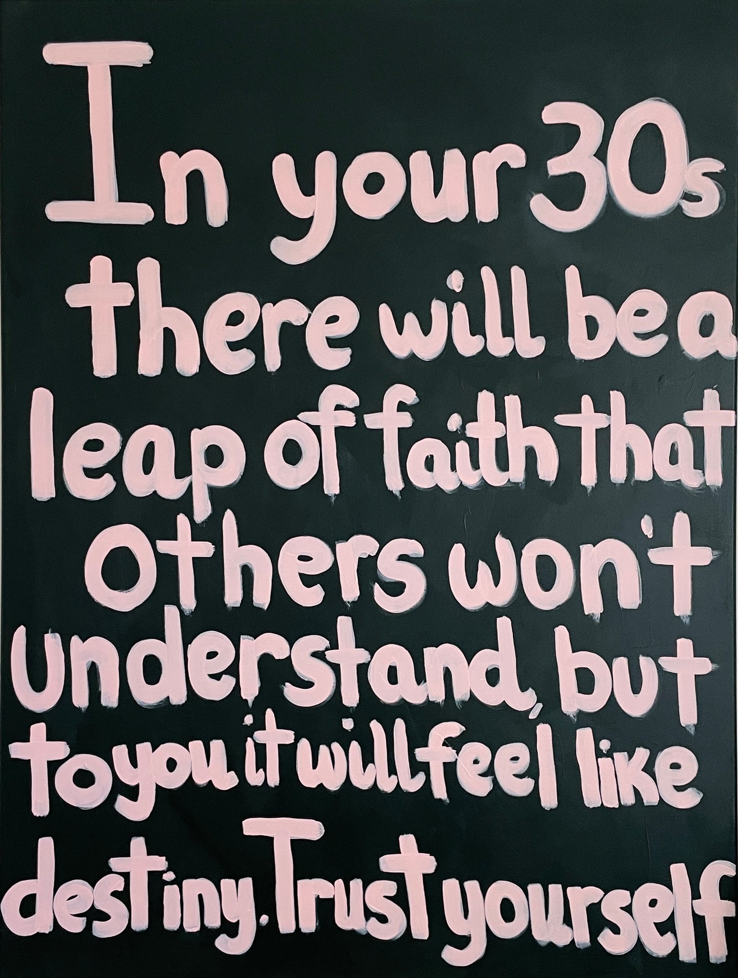 Contemporary text-based painting in soft pink and dark green by Aziza Art.