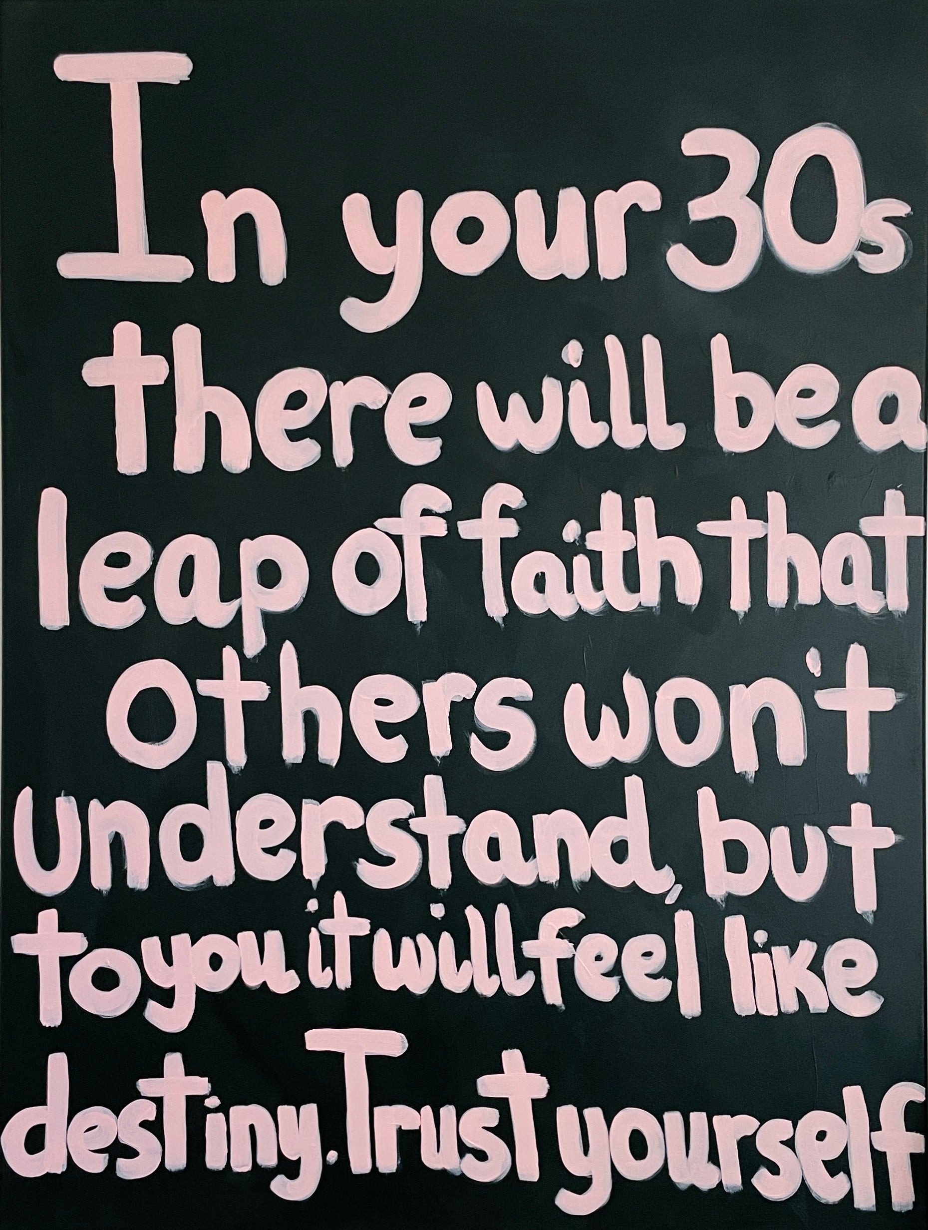 Contemporary text-based painting in soft pink and dark green by Aziza Art.