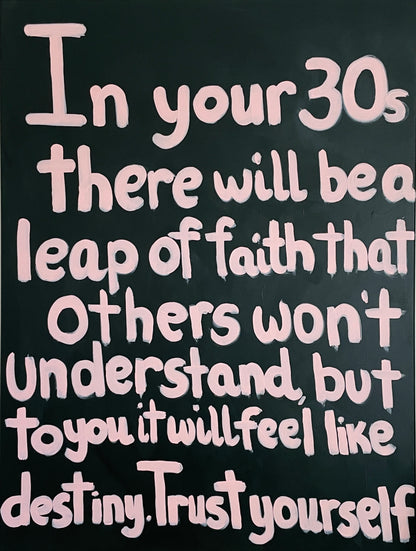 Contemporary text-based painting in soft pink and dark green by Aziza Art.